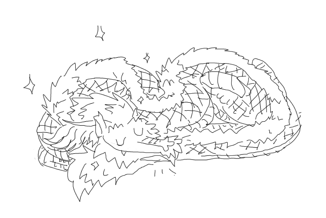 a somewhat crude sketch of an eastern dragon lying scrunched up in a 'loaf'. They have a relaxed and happy cartoon expression and sparkles surround their head, which is resting on their tail poof